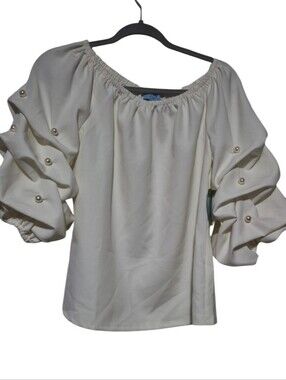 NWT CeCe Size Small Ivory Off Shoulder Pearl Sleeve Blouse Puff Sleeves